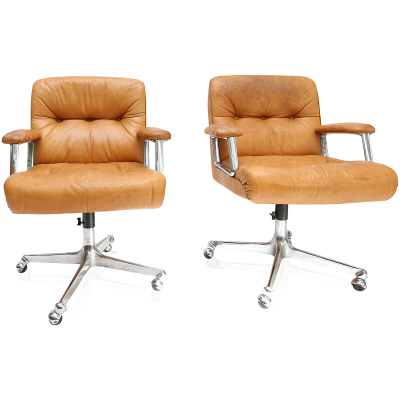 Pair of Tecno swivel armchairs in cognac leather, Osvaldo BORSANI - 1960s