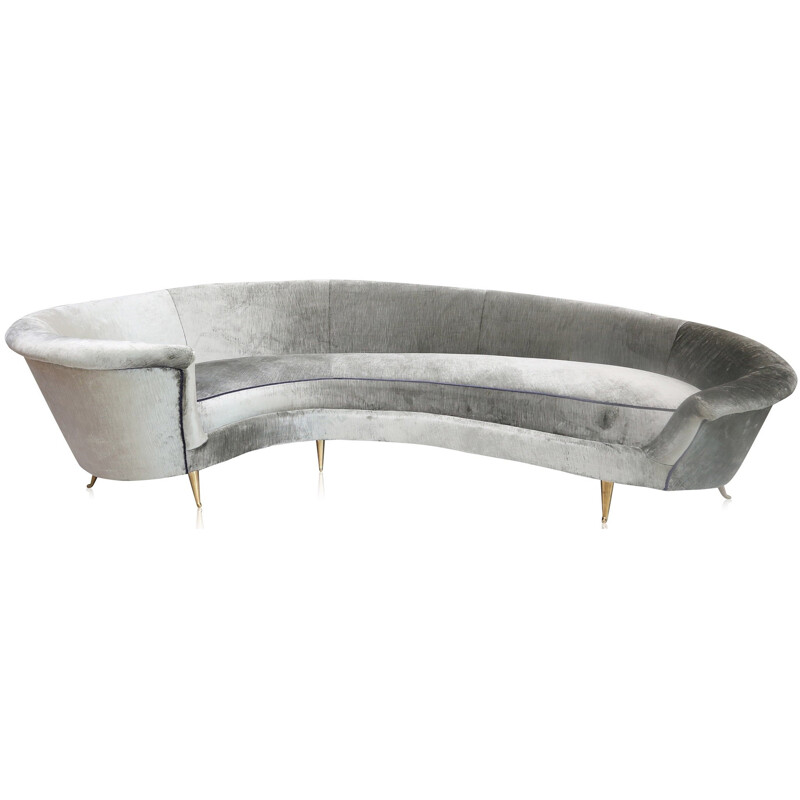 Curved sofa in silver velvet and brass - 1960s