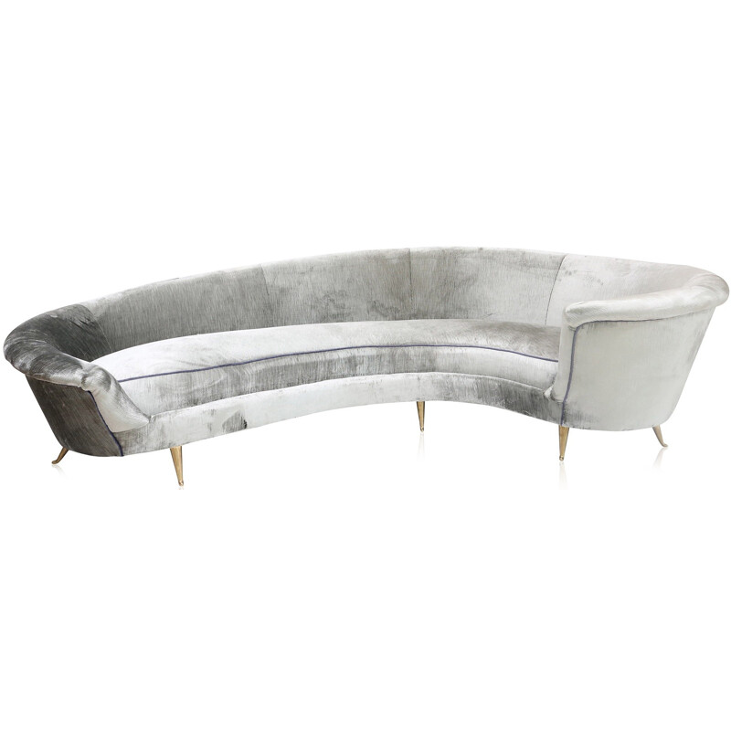 Italian silver velvet curved sofa in brass - 1960s