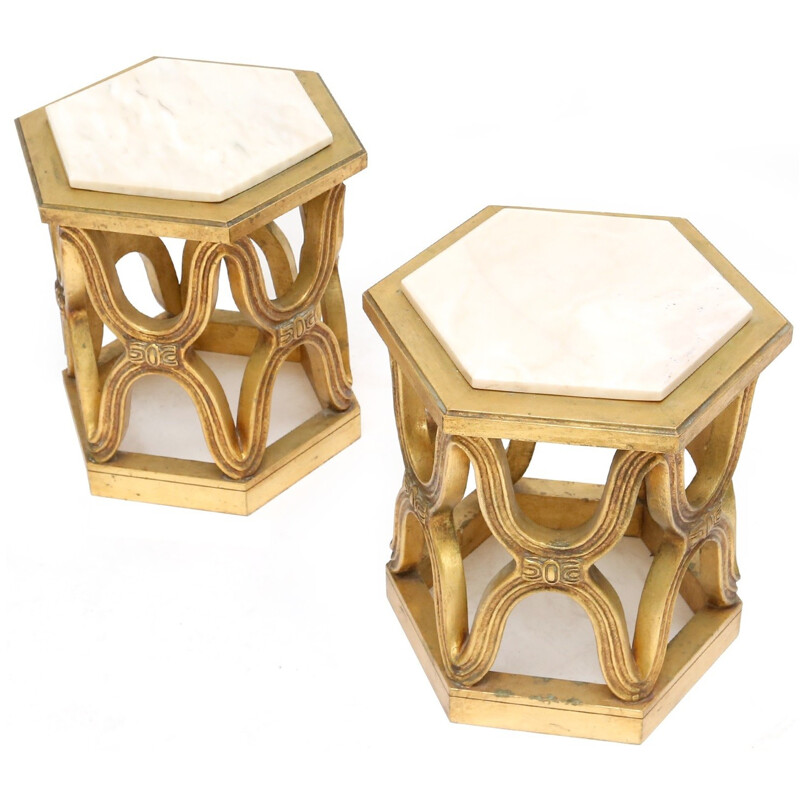 Pair of carved giltwood side tables in Calacatta marble - 1940s