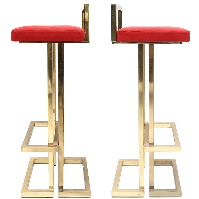 Pair of Belgian bar stools in brass and red velvet - 1970s