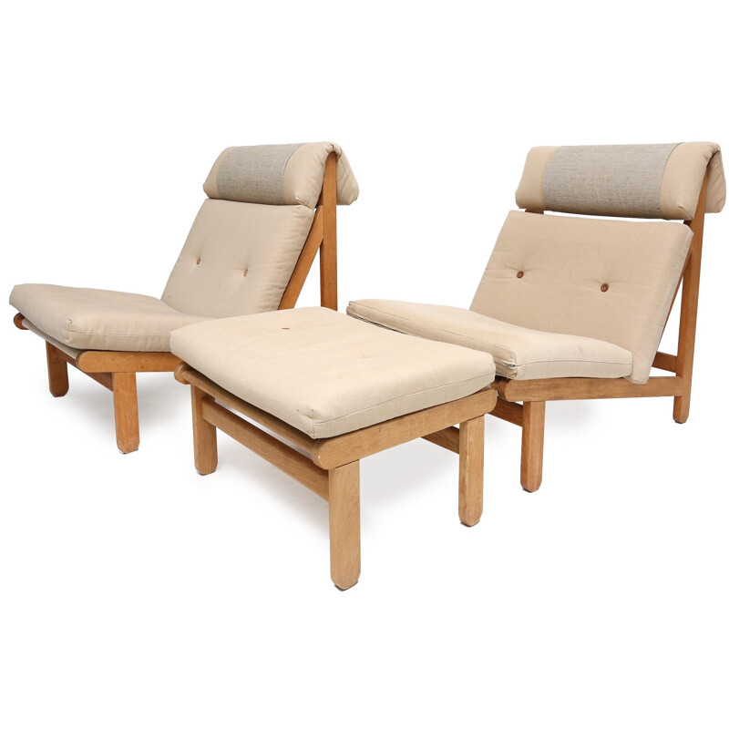 Pair of Danish "A Frame" armchairs in teak with ottoman, Bernt PETERSEN - 1960s