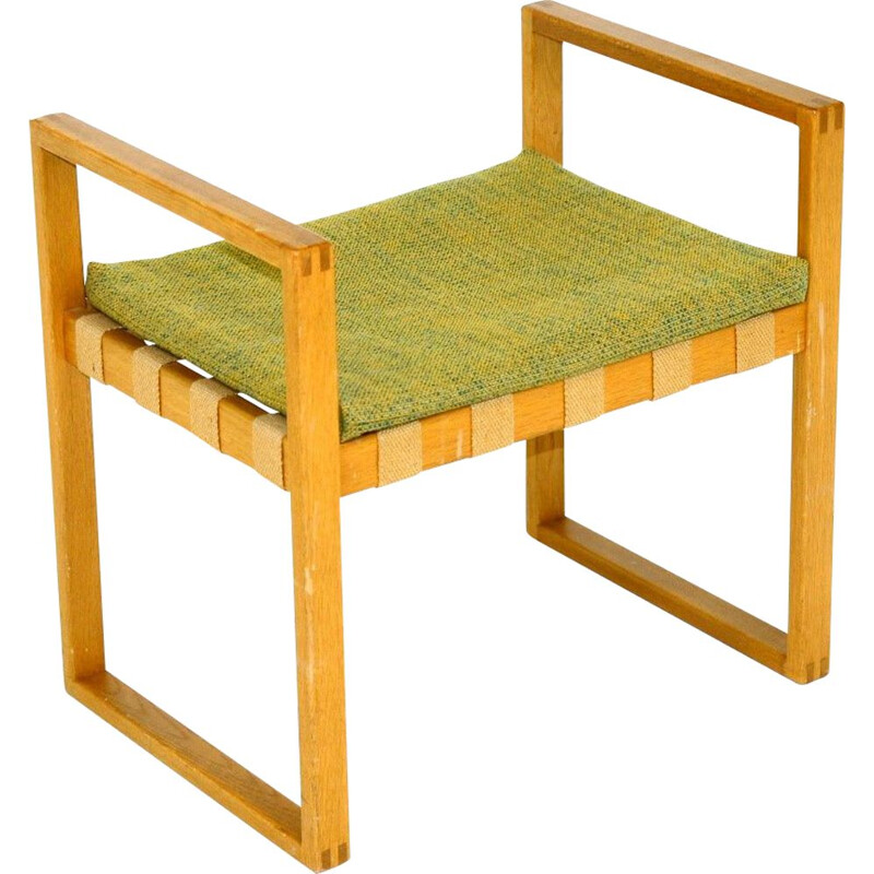Vintage oakwood and green fabric stool, Sweden 1960