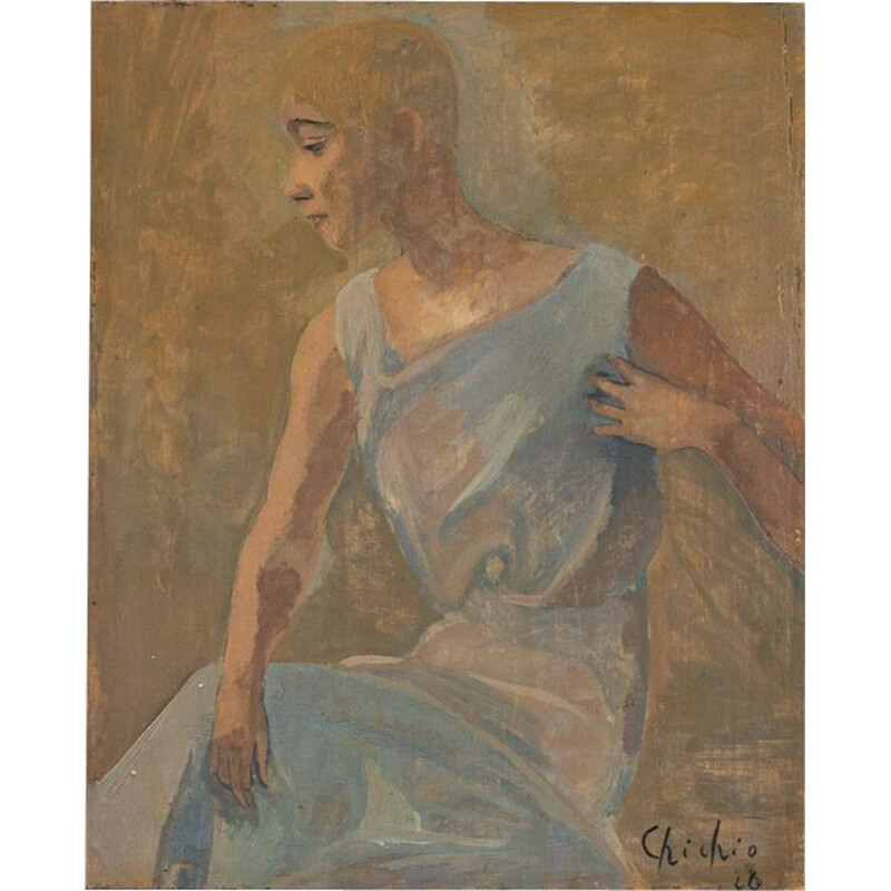 Oil on vintage wood plate "Study of a Woman" with wooden frame on the back, 1928