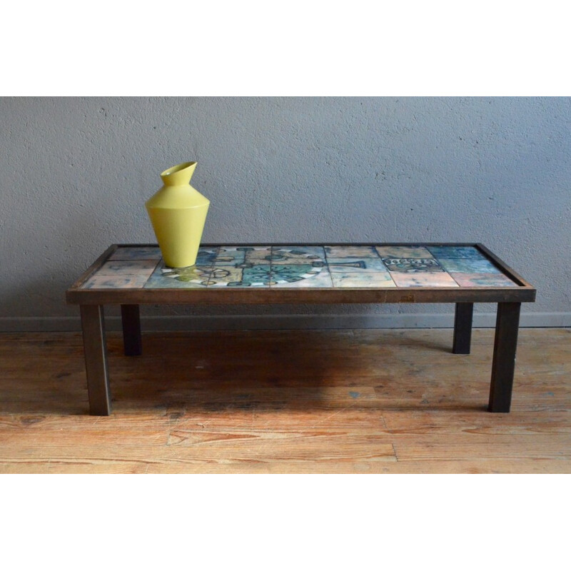 Coffee table in brushed metal and enameled ceramic - 1950s