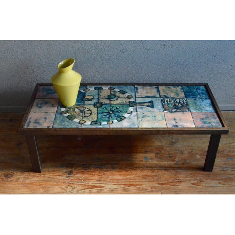 Coffee table in brushed metal and enameled ceramic - 1950s