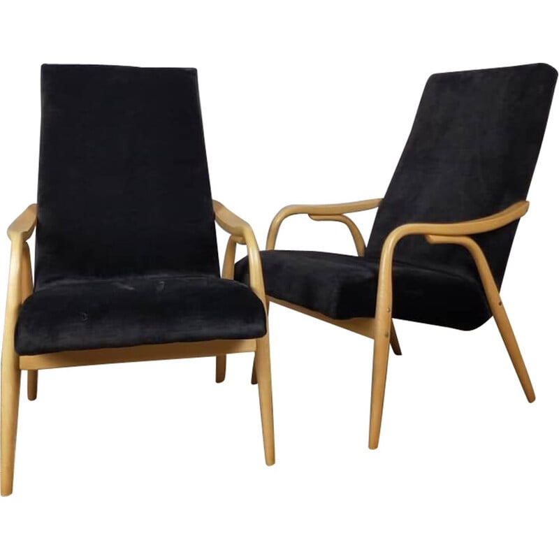 Pair of vintage beechwood armchairs by Antonin Susam for Ton, 1950