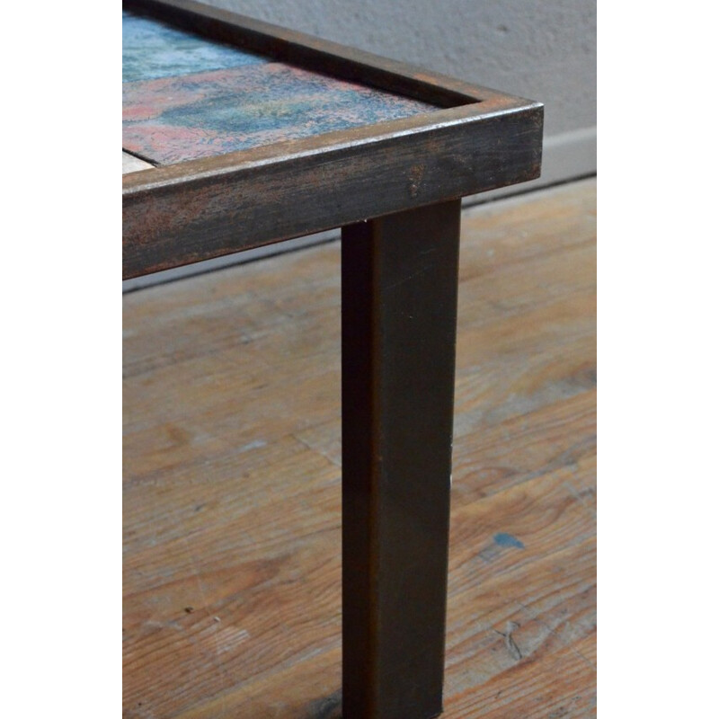 Coffee table in brushed metal and enameled ceramic - 1950s