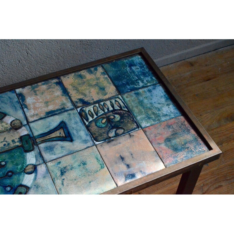 Coffee table in brushed metal and enameled ceramic - 1950s