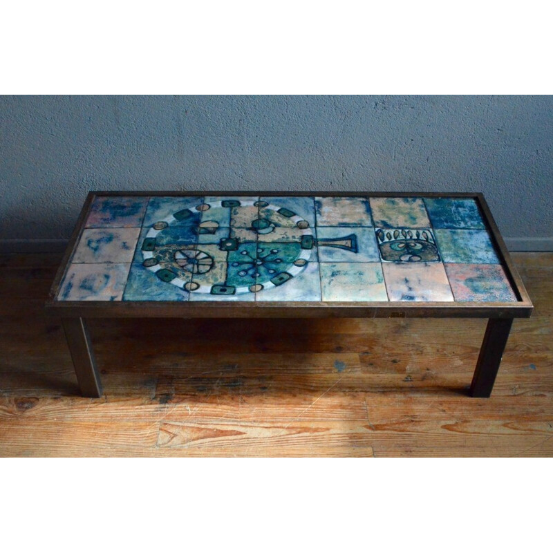 Coffee table in brushed metal and enameled ceramic - 1950s