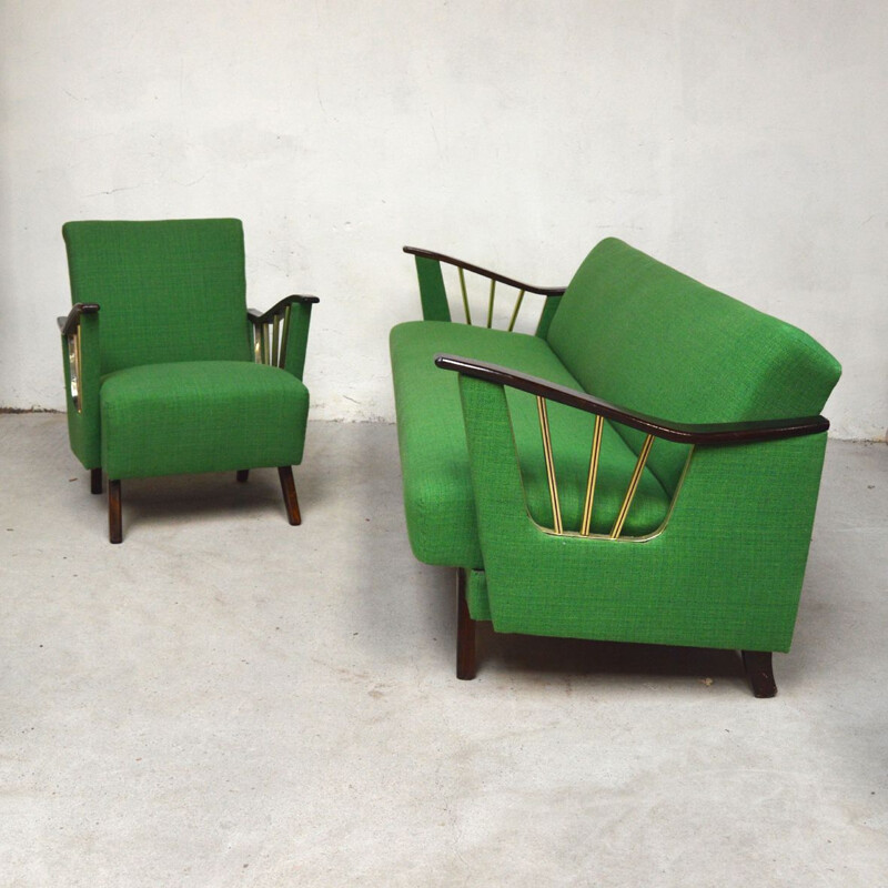 Ensemble de salon vintage en tweed vert, 1950