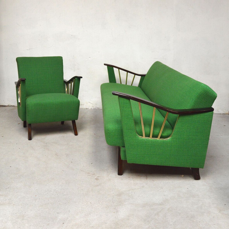 Vintage green tweed living room set, 1950