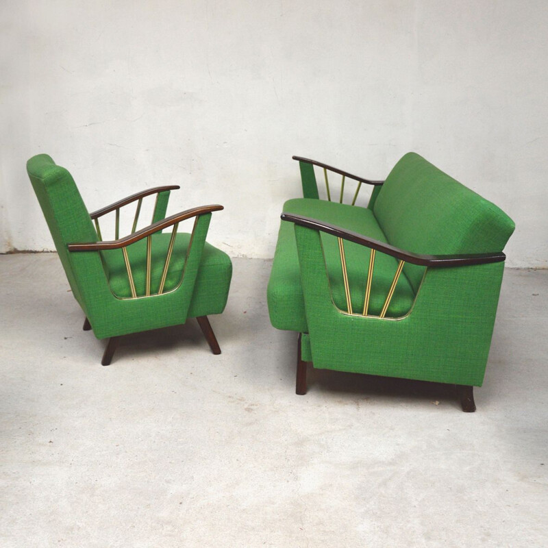 Vintage groene tweed woonkamer set, 1950