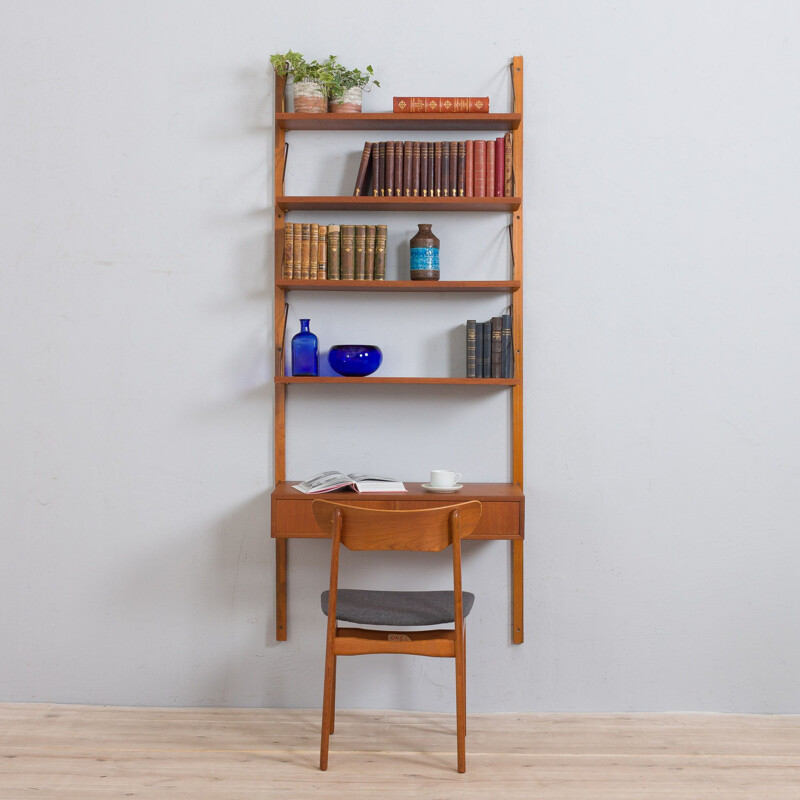 Vintage teak wall unit with floating desk and 4 shelves, Denmark 1960s