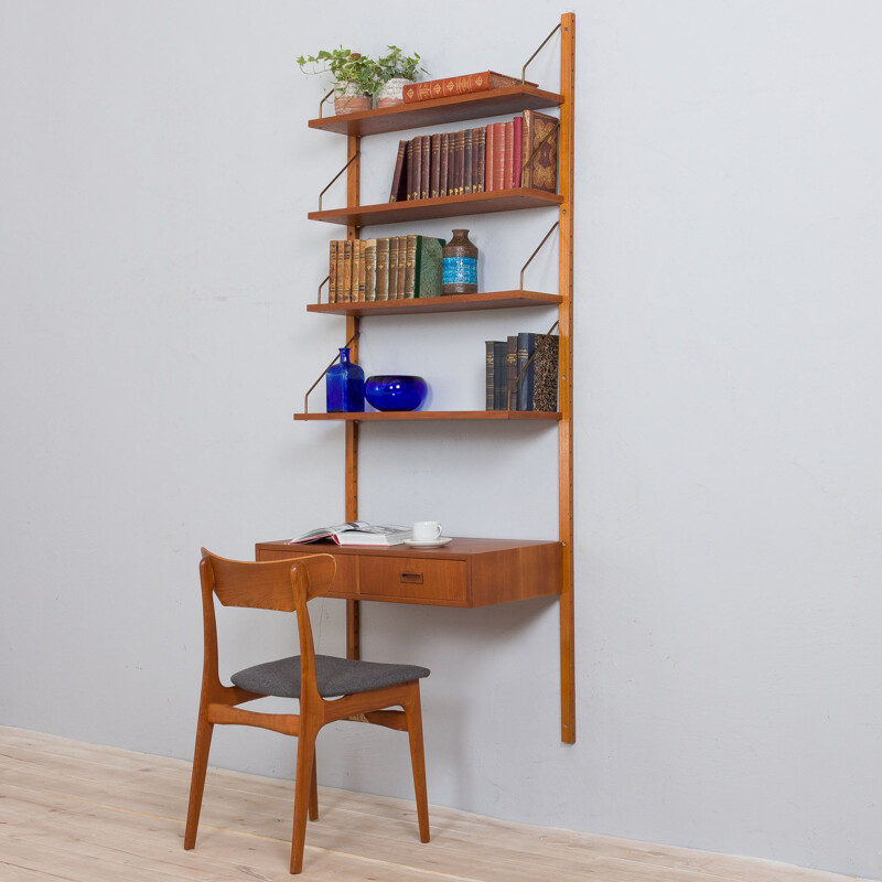 Vintage teak wall unit with floating desk and 4 shelves, Denmark 1960s