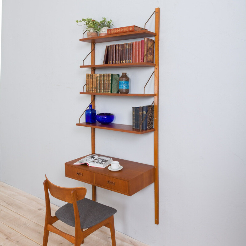 Vintage teak wall unit with floating desk and 4 shelves, Denmark 1960s