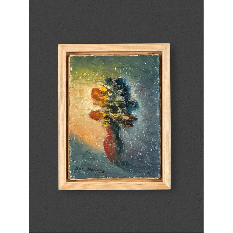 Huile sur toile vintage "Nature morte expressionniste avec fleurs" encadré en bois de frêne
