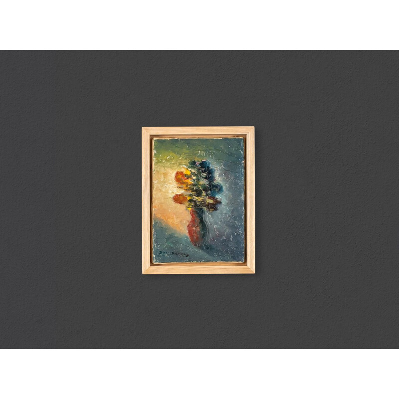 Óleo vintage sobre lienzo "Naturaleza muerta expresionista con flores" enmarcado en madera de fresno