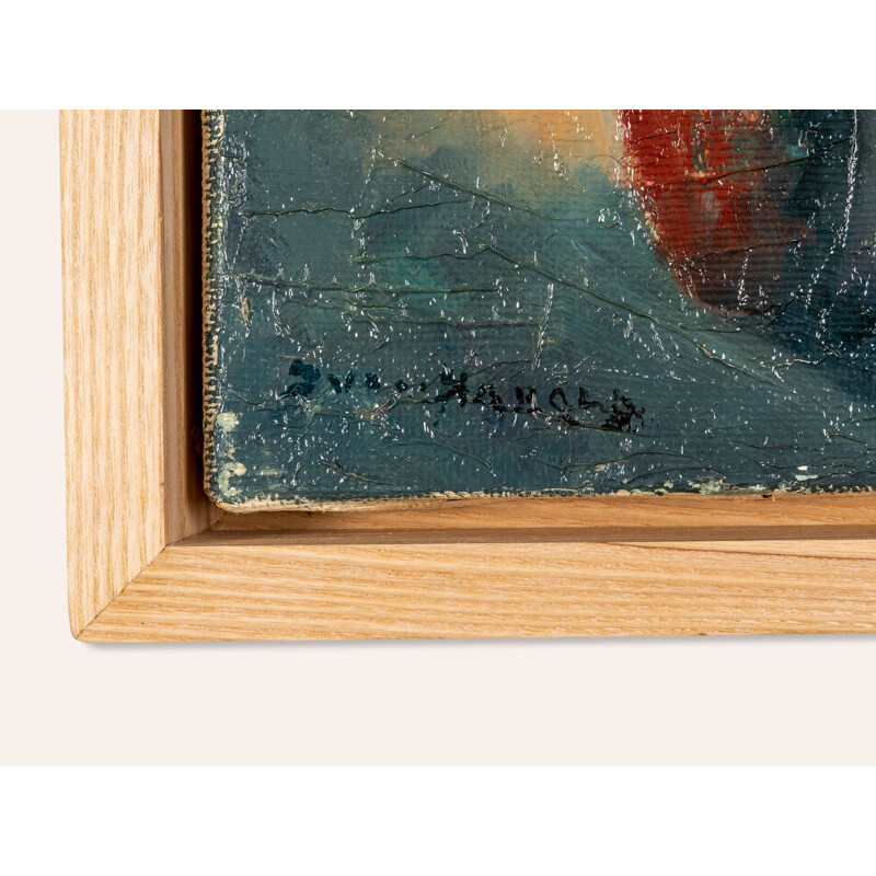 Olio vintage su tela "Natura morta espressionista con fiori" incorniciato in legno di frassino