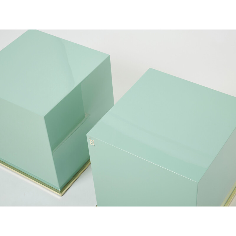 Pair of vintage turquoise blue lacquer and brass cube side tables by J.C. Mahey, 1970