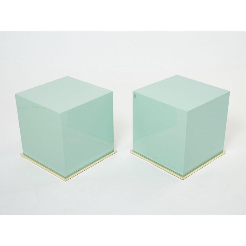 Pair of vintage turquoise blue lacquer and brass cube side tables by J.C. Mahey, 1970