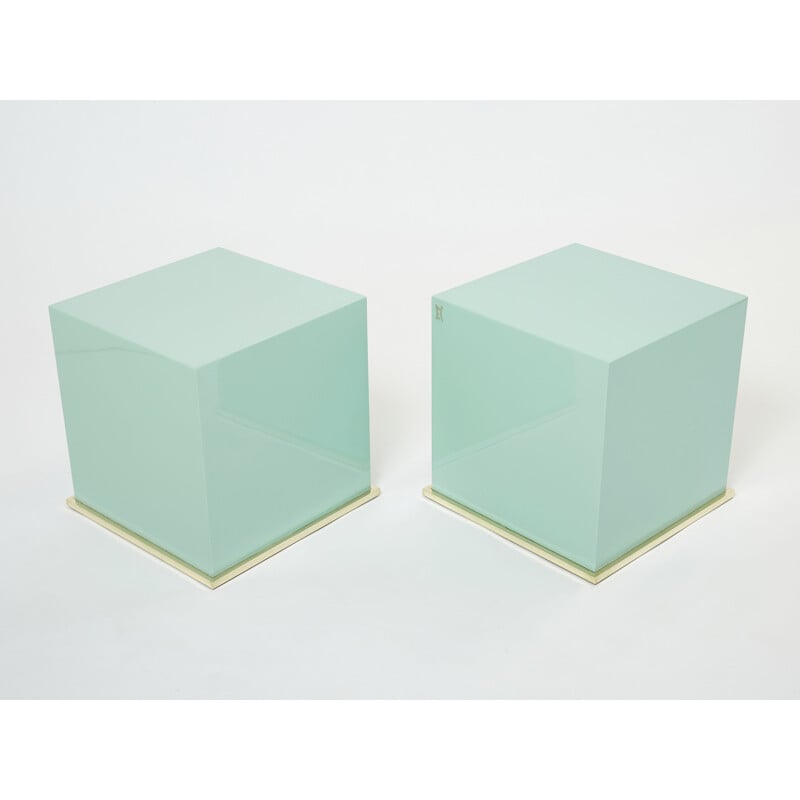 Pair of vintage turquoise blue lacquer and brass cube side tables by J.C. Mahey, 1970