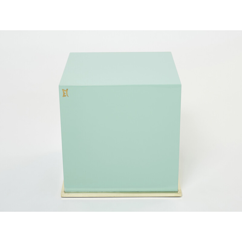 Pair of vintage turquoise blue lacquer and brass cube side tables by J.C. Mahey, 1970