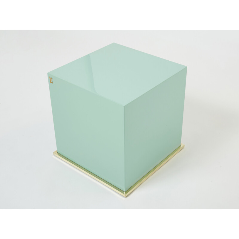 Pair of vintage turquoise blue lacquer and brass cube side tables by J.C. Mahey, 1970