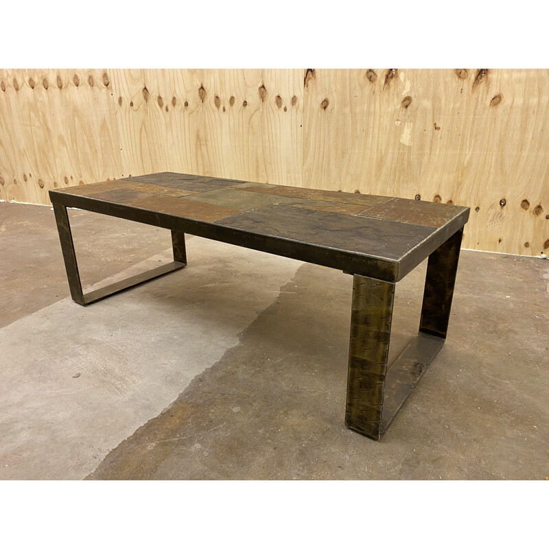 Mid-century Brutalist steel and slate coffee table, 1960s