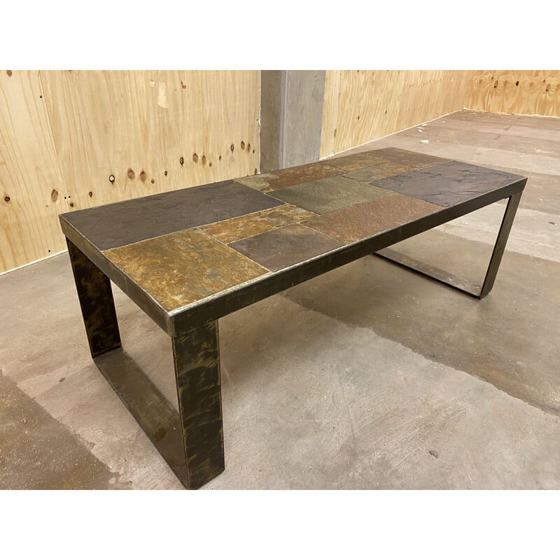 Mid-century Brutalist steel and slate coffee table, 1960s