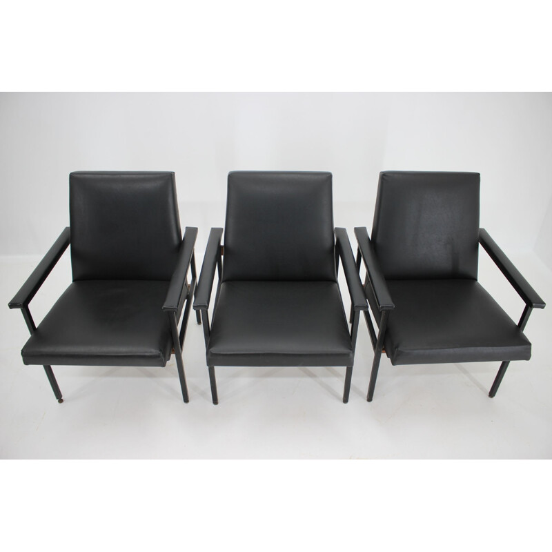 Vintage adjustable black leatherette living room set, Czechoslovakia 1970s