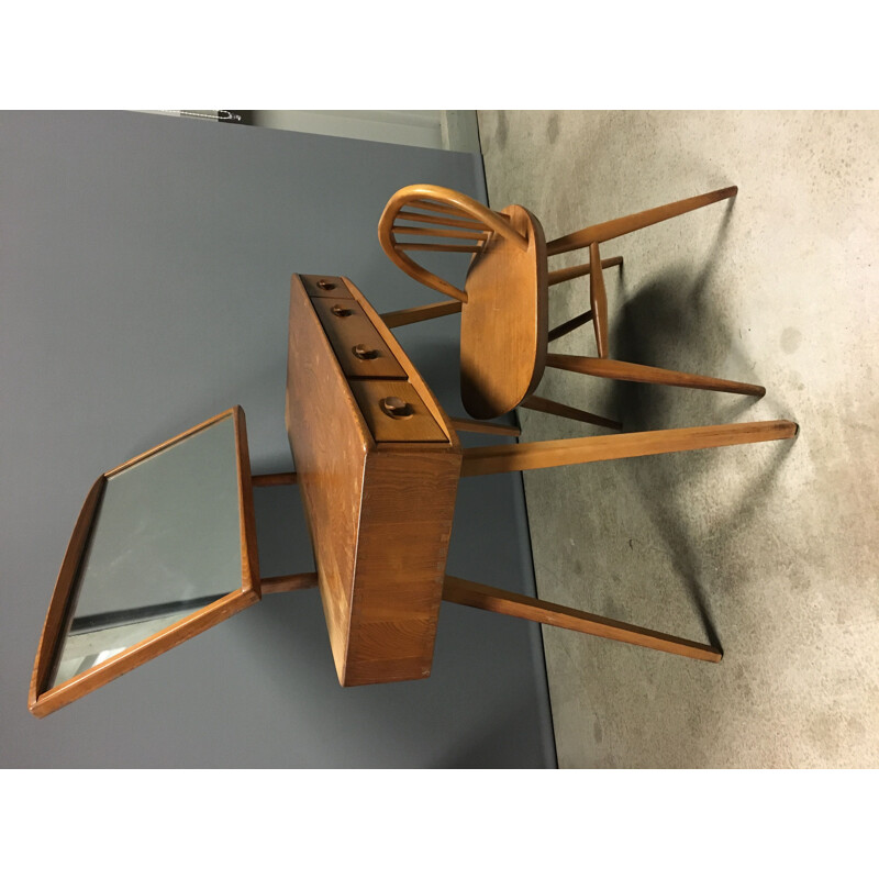 Coiffeuse et chaise vintage avec tiroirs en verre et en bois par Ercol, 1960