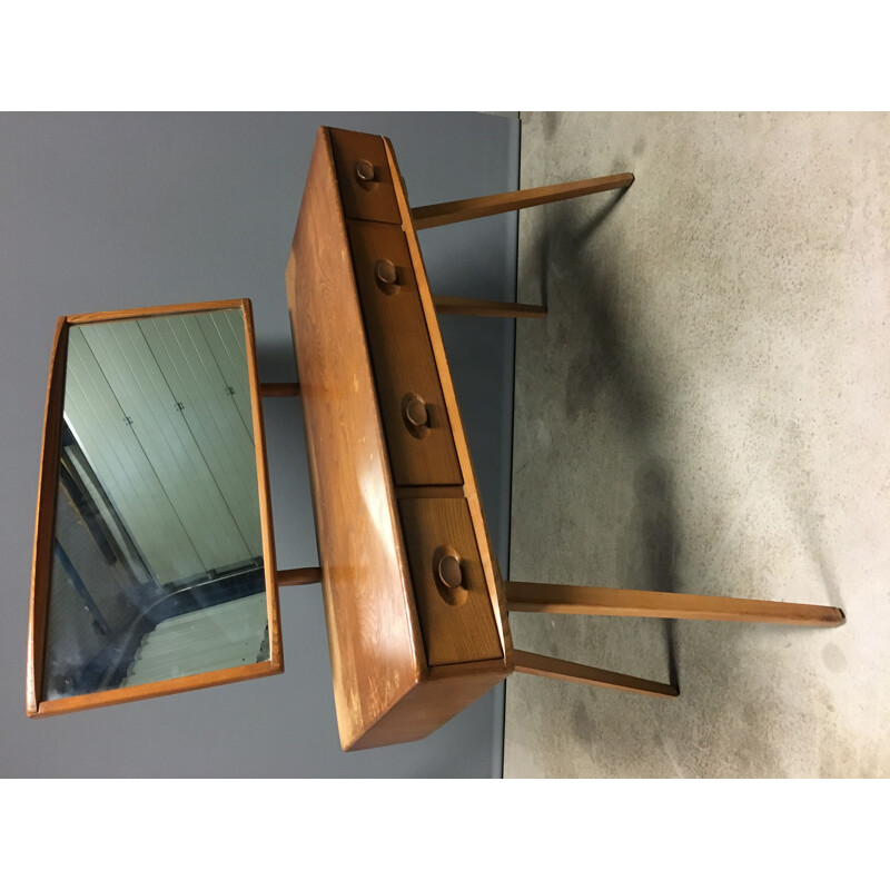 Comodino e sedia vintage con cassetti in vetro e legno di Ercol, 1960