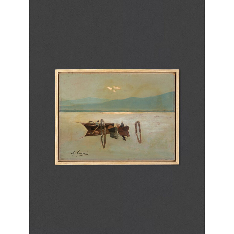 Huile sur plaque vintage "Bateaux de pêche" par Giovanni Lomi