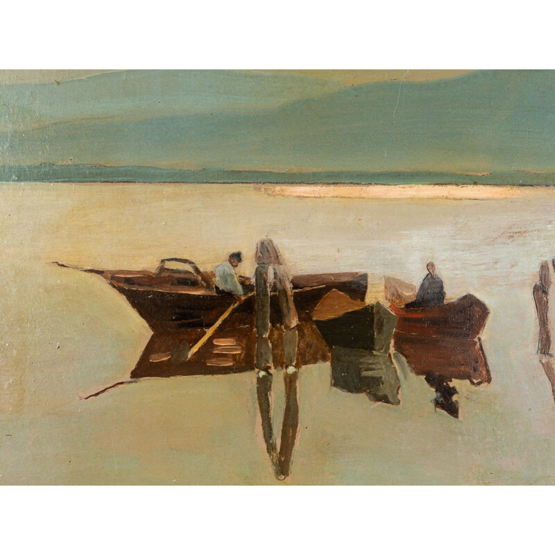 Oil on vintage plate "Fishing boats" by Giovanni Lomi