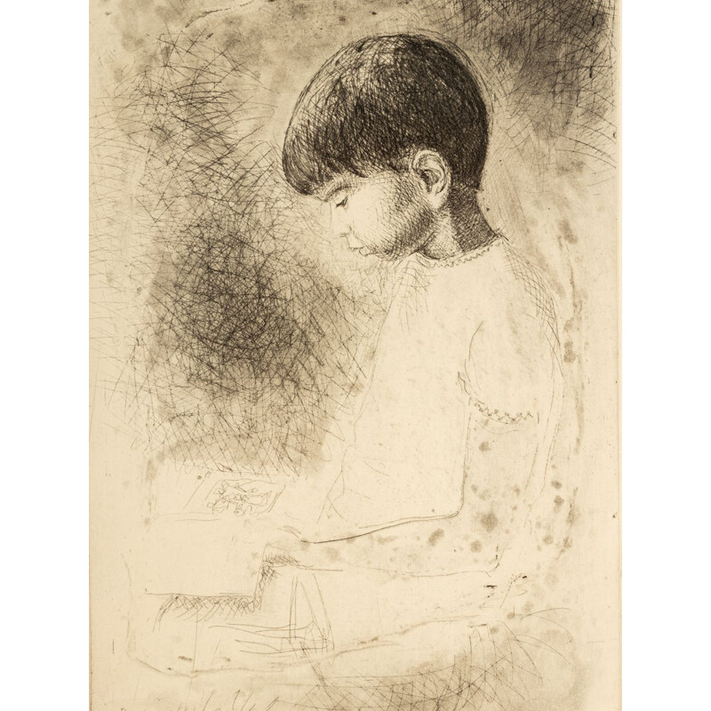Vintage etching "Study of a boy" on ash wood paper by Louis Bastin, 1948