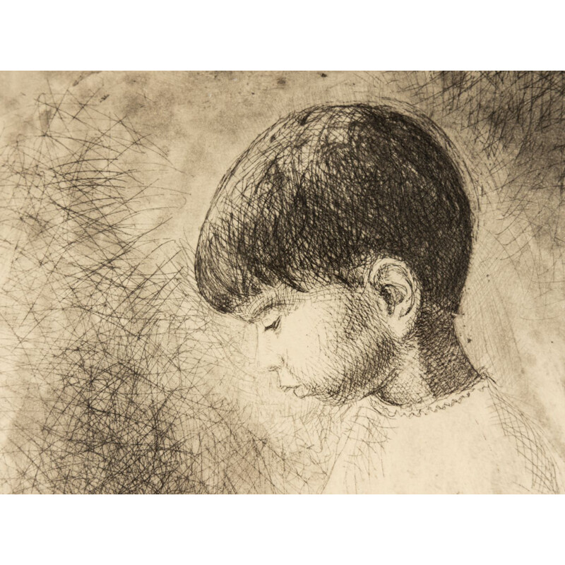 Vintage etching "Study of a boy" on ash wood paper by Louis Bastin, 1948