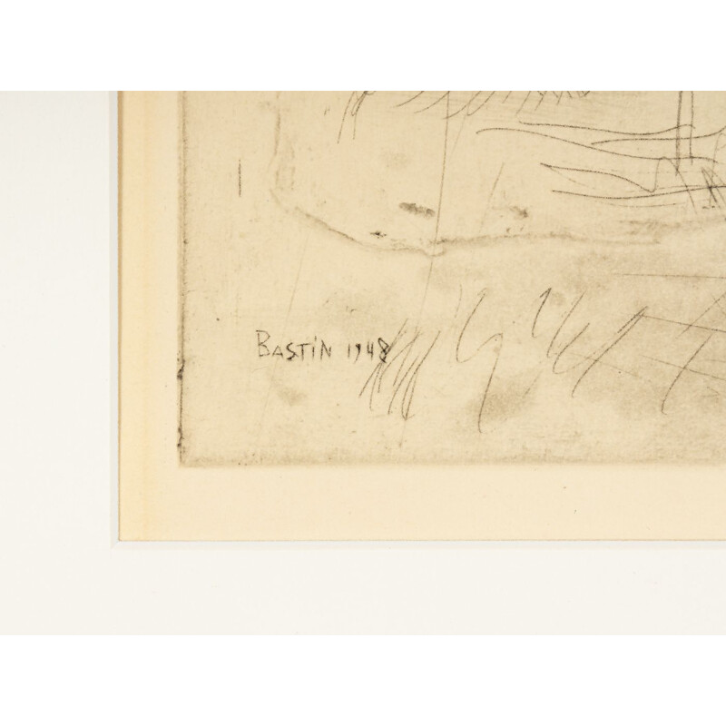 Gravure vintage "Etude d'un garçon" sur papier en bois de frêne par Louis Bastin, 1948