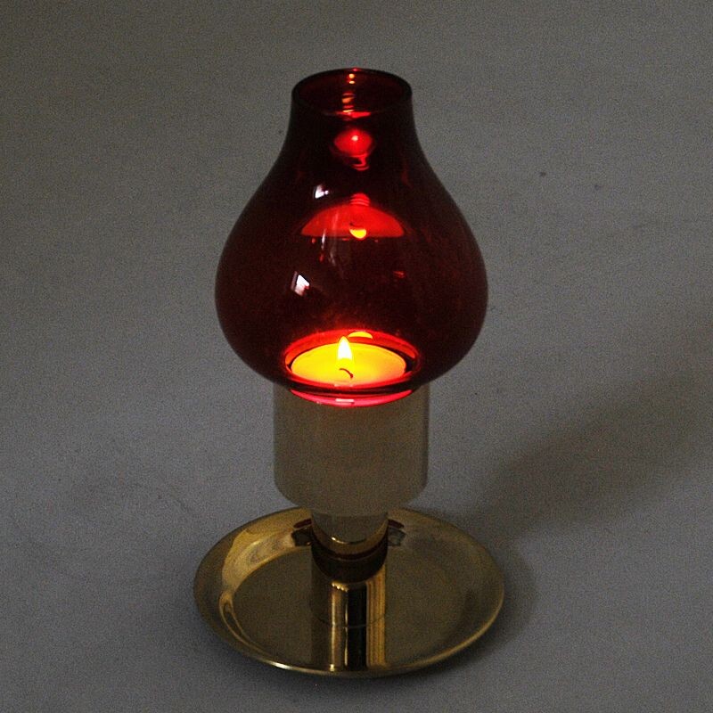 Scandinavian vintage candlestick in red glass and brass, 1960