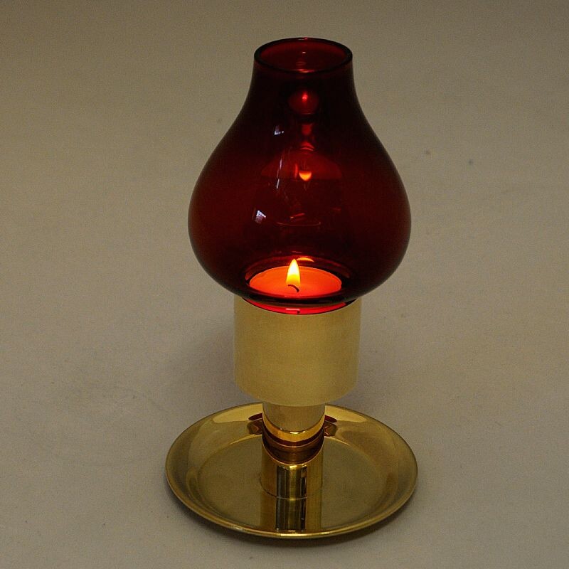 Scandinavian vintage candlestick in red glass and brass, 1960