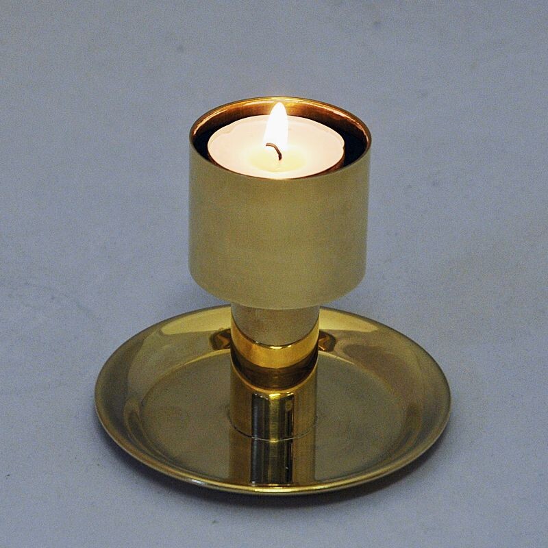 Scandinavian vintage candlestick in red glass and brass, 1960