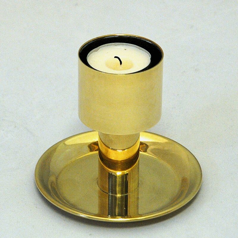 Scandinavian vintage candlestick in red glass and brass, 1960
