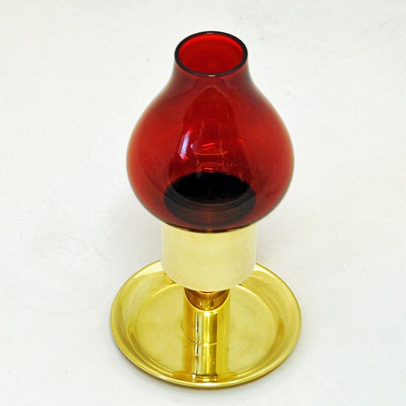 Scandinavian vintage candlestick in red glass and brass, 1960