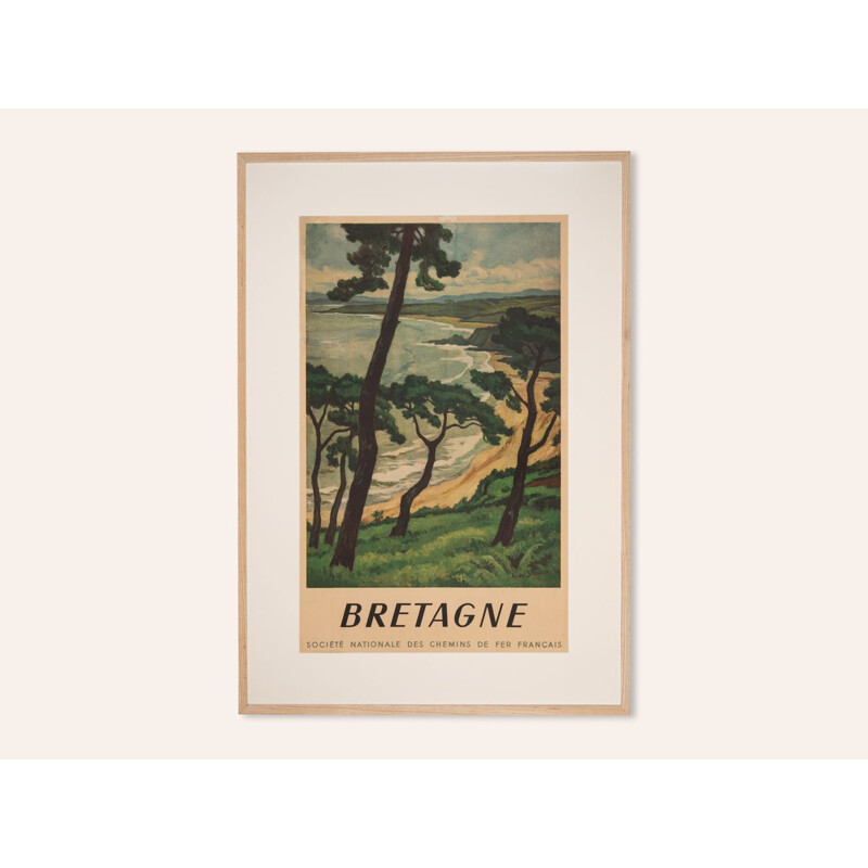 Cartaz de viagem Vintage "Bretagne" emoldurado em madeira de freixo, França 1950