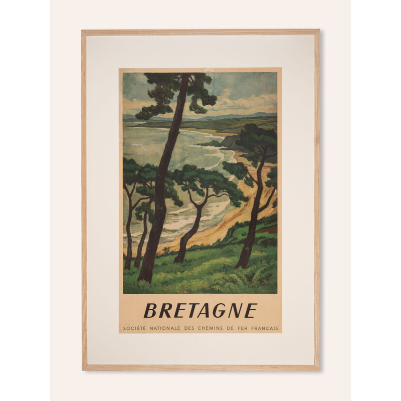 Affiche de voyage vintage "Bretagne" encadré en bois de frêne, France 1950