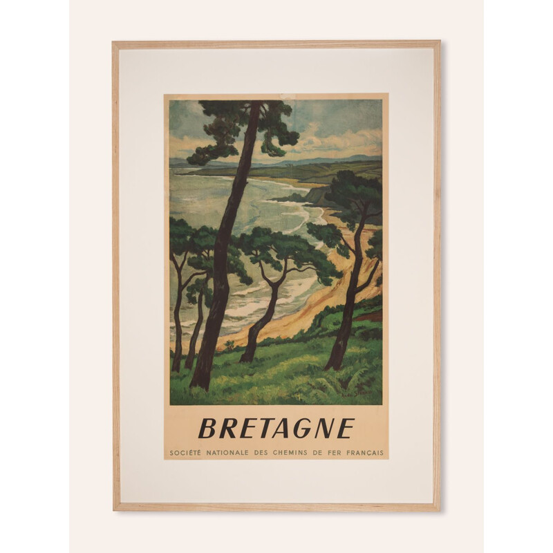 Vintage travel poster "Bretagne" framed in ash wood, France 1950