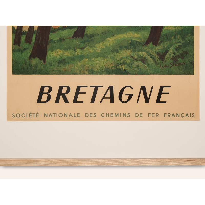 Vintage reisposter "Bretagne" ingelijst in essenhout, Frankrijk 1950