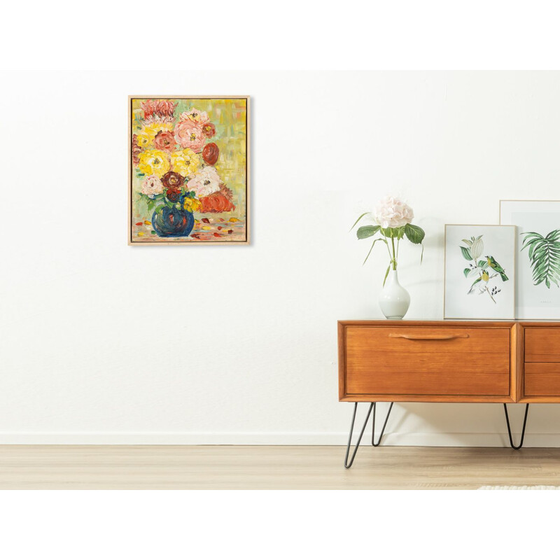 Oil on canvas vintage "Expressionist Flower Bouquet" in ash wood by Laberer, 1964