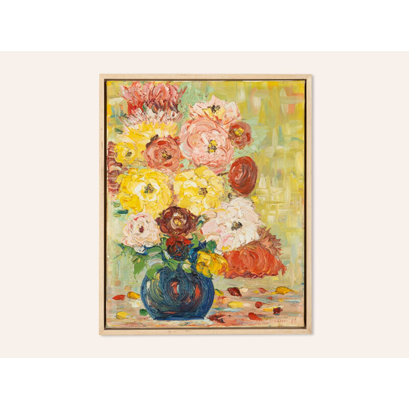 Oil on canvas vintage "Expressionist Flower Bouquet" in ash wood by Laberer, 1964