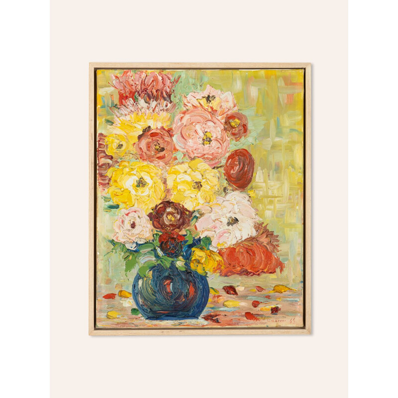 Oil on canvas vintage "Expressionist Flower Bouquet" in ash wood by Laberer, 1964